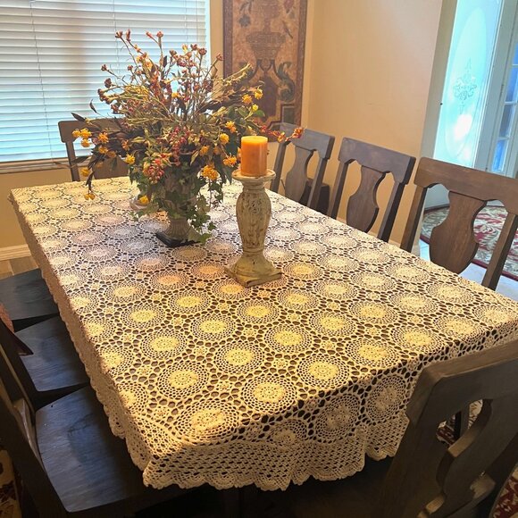 Crocheted Vintage Tablecloth-Handmade-Ivory/Cream-Approx. 68" x 108"-Rounded - Picture 1 of 10